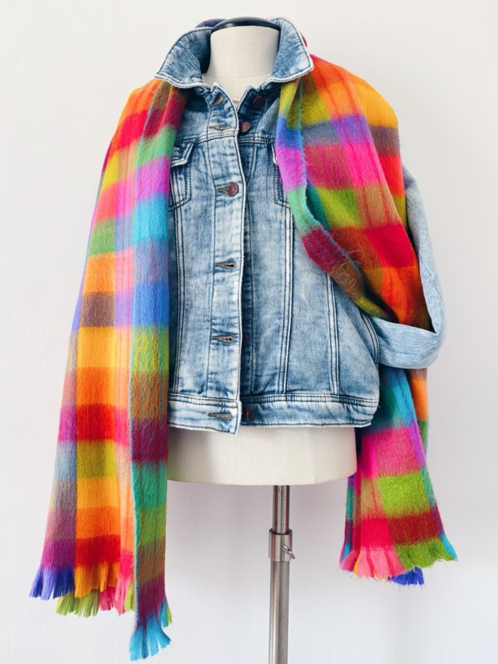 Colorblock Plaid made in alpaca Scarf in Bright Multicolor